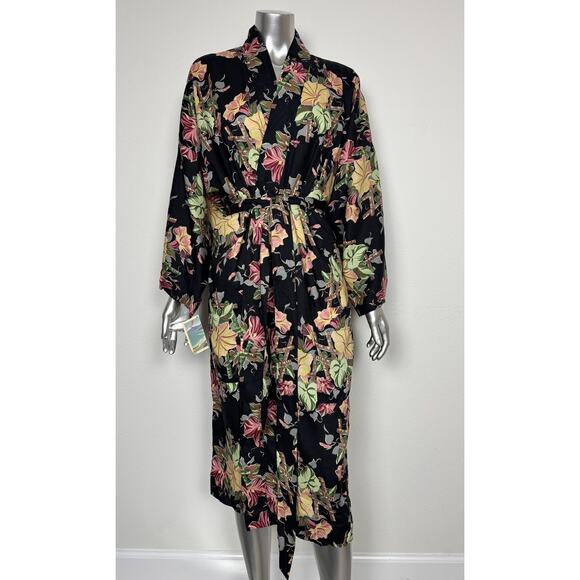 Reyn Spooner Robe S/M Black Bamboo Trellis Kimono Belted Rayon Silk Hawaii NEW - Picture 1 of 15